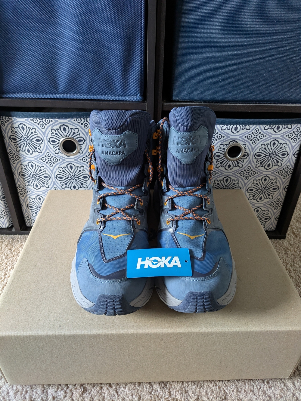Only Used 1x HOKA Anacapa Men's Hiking Boots in Blue with Orange Accents